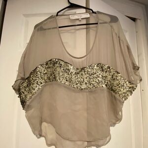Leyendecker Designer Women's Sheer Cropped Tan Top with Snakeskin Sequins